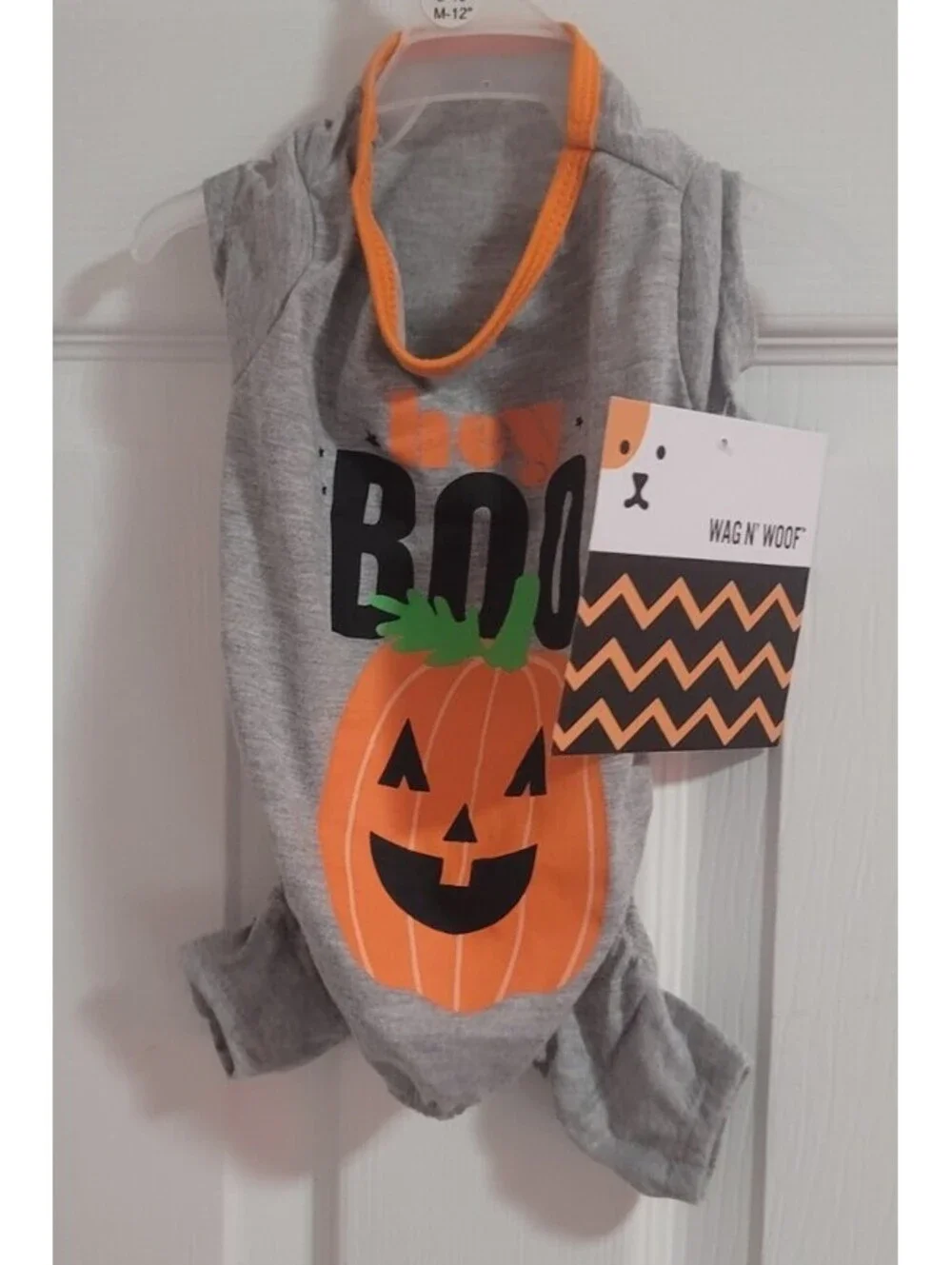 NWT WAG & WOOF GRAY 'HEY BOO' ORANGE PUMPKIN DOG PET ROMPER JUMPSUIT SIZE XS